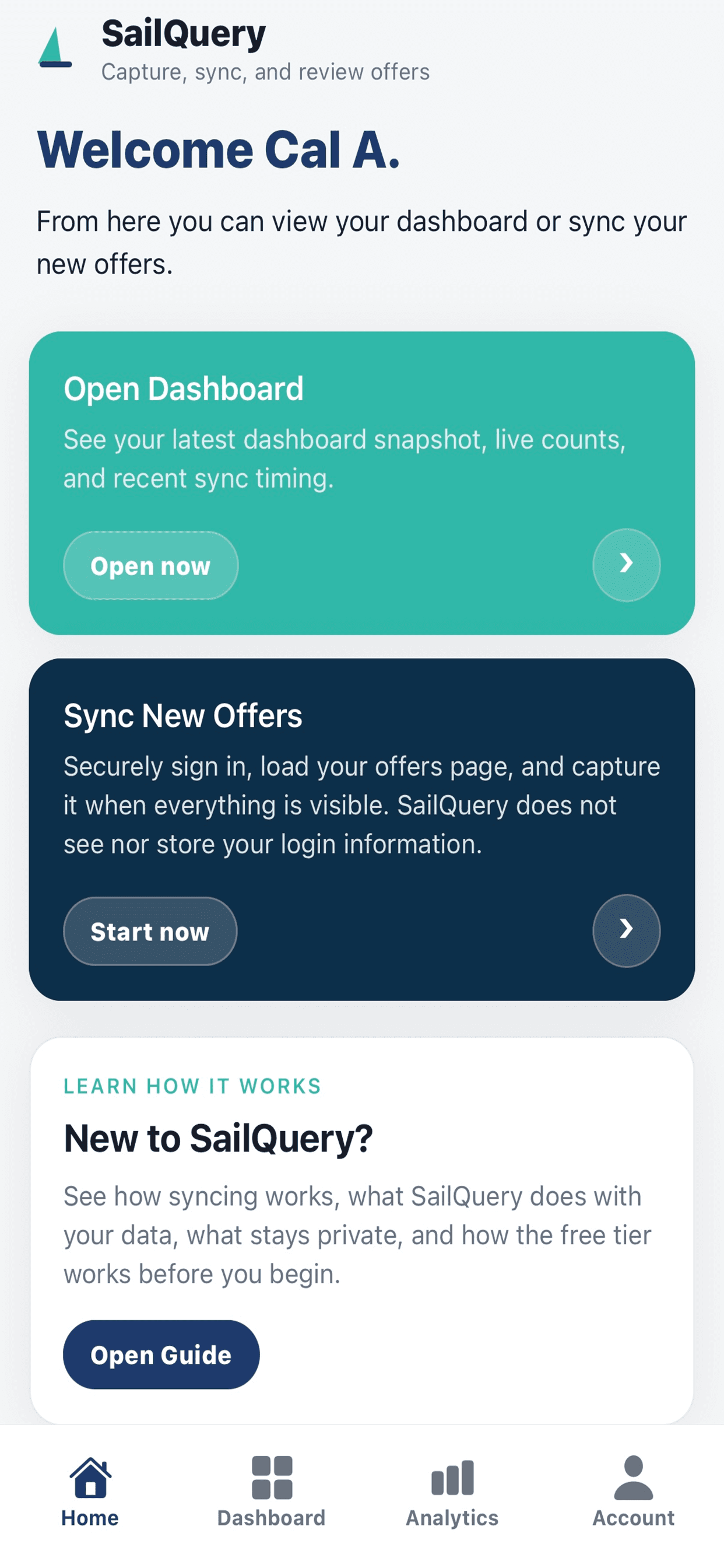 SailQuery home screen on iPhone